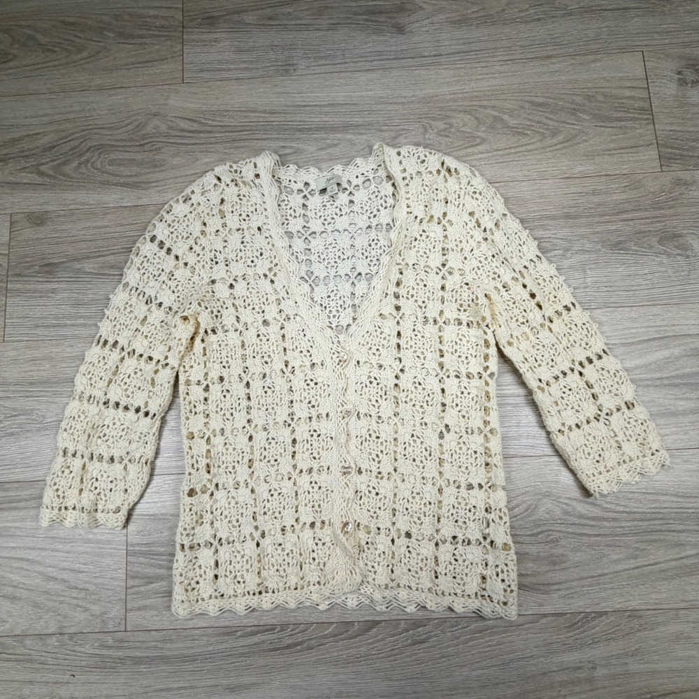 J. Jill Hand Crochet Linen Cotton Cardigan Sweater Ivory Womens Small 3/4 Sleeve
